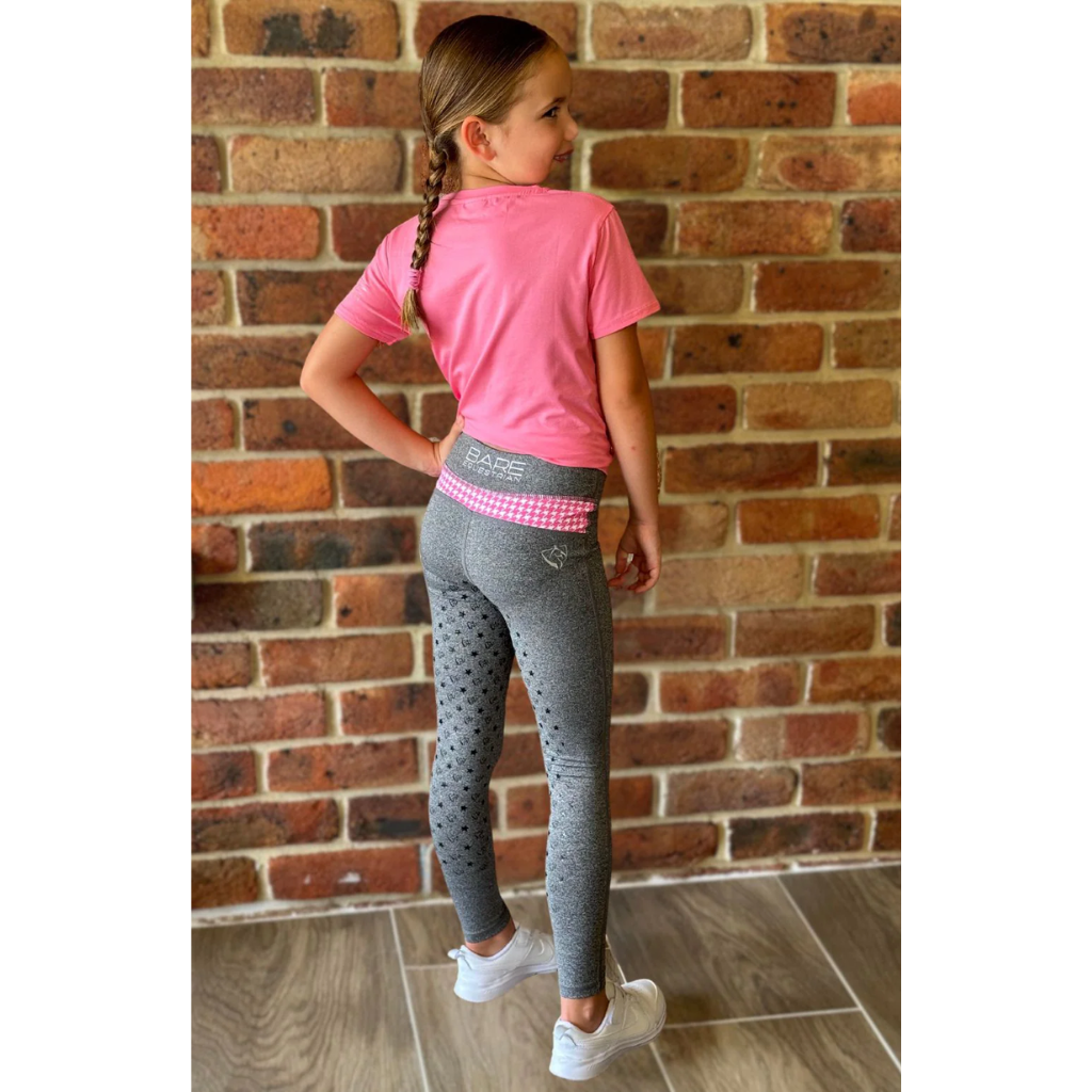 BARE Youth Performance Riding Tights - Grey with Pink Houndstooth