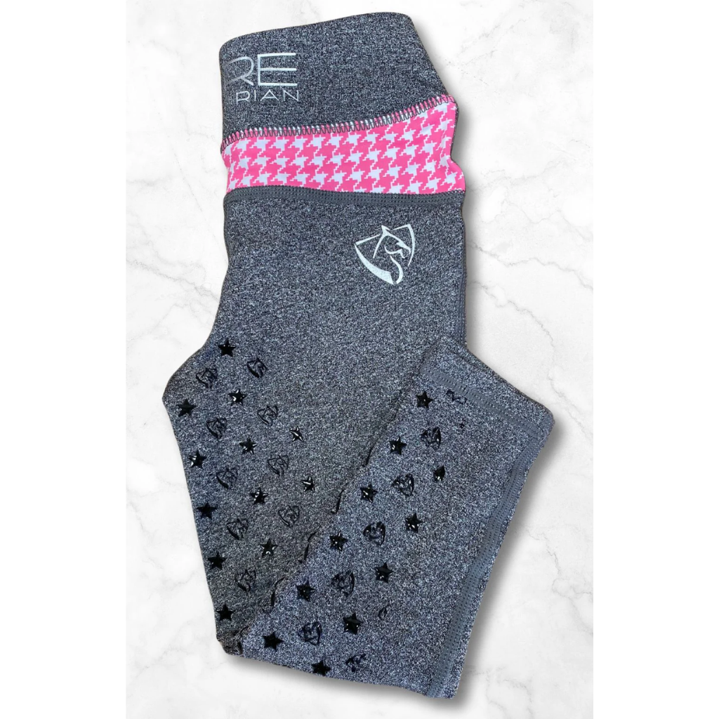 BARE Youth Performance Riding Tights - Grey with Pink Houndstooth