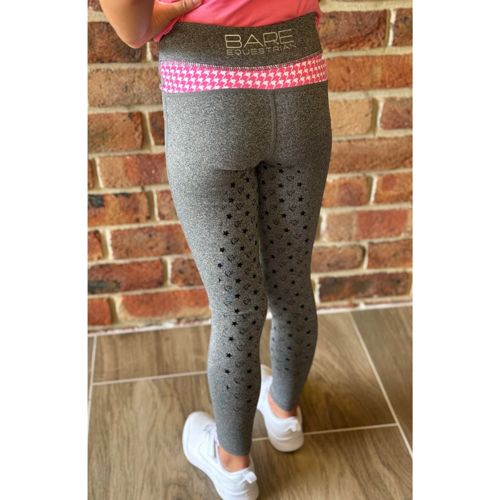BARE Youth Performance Riding Tights - Grey with Pink Houndstooth