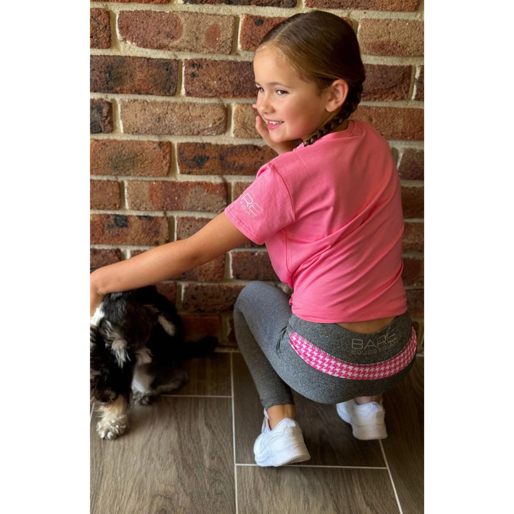 BARE Youth Performance Riding Tights - Grey with Pink Houndstooth