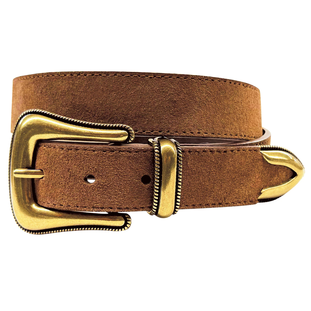 Brown Suede Leather Women's Belt with Three Piece Buckle Set