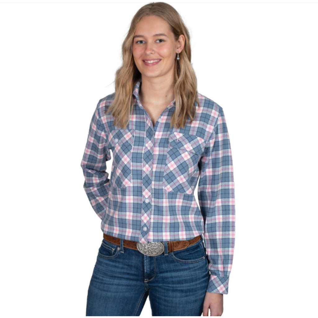 Just Country Women’s Work Shirt ‘Brooke’ Flannel Full Button Long Sleeve Rose/Grey/White