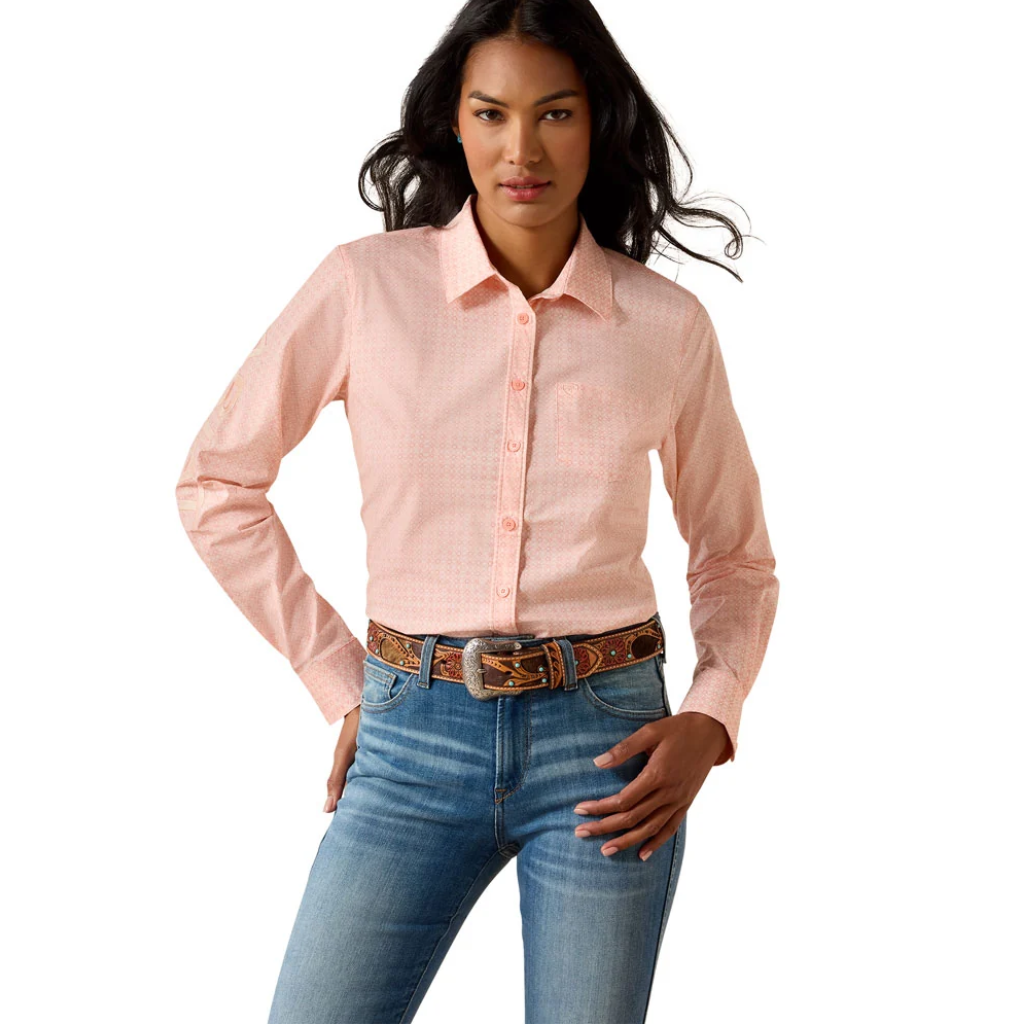 ARIAT WMNS TEAM KIRBY LS SHIRT TROPICAL PEACH GEO